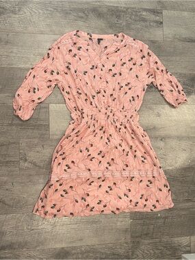 Lov Pink Heart Print Shift Dress Women's M V-Neck 3/4 Roll Tab Sleeve Lined boho